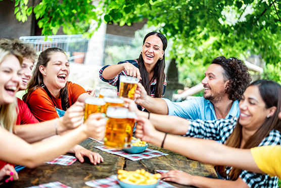 Celebrating with beers outside